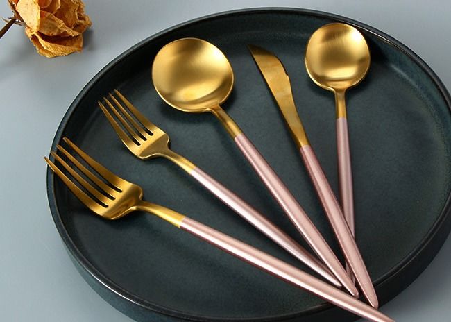 FDA Gold And Pink Plated Stainless Steel Cutlery Set For Wedding